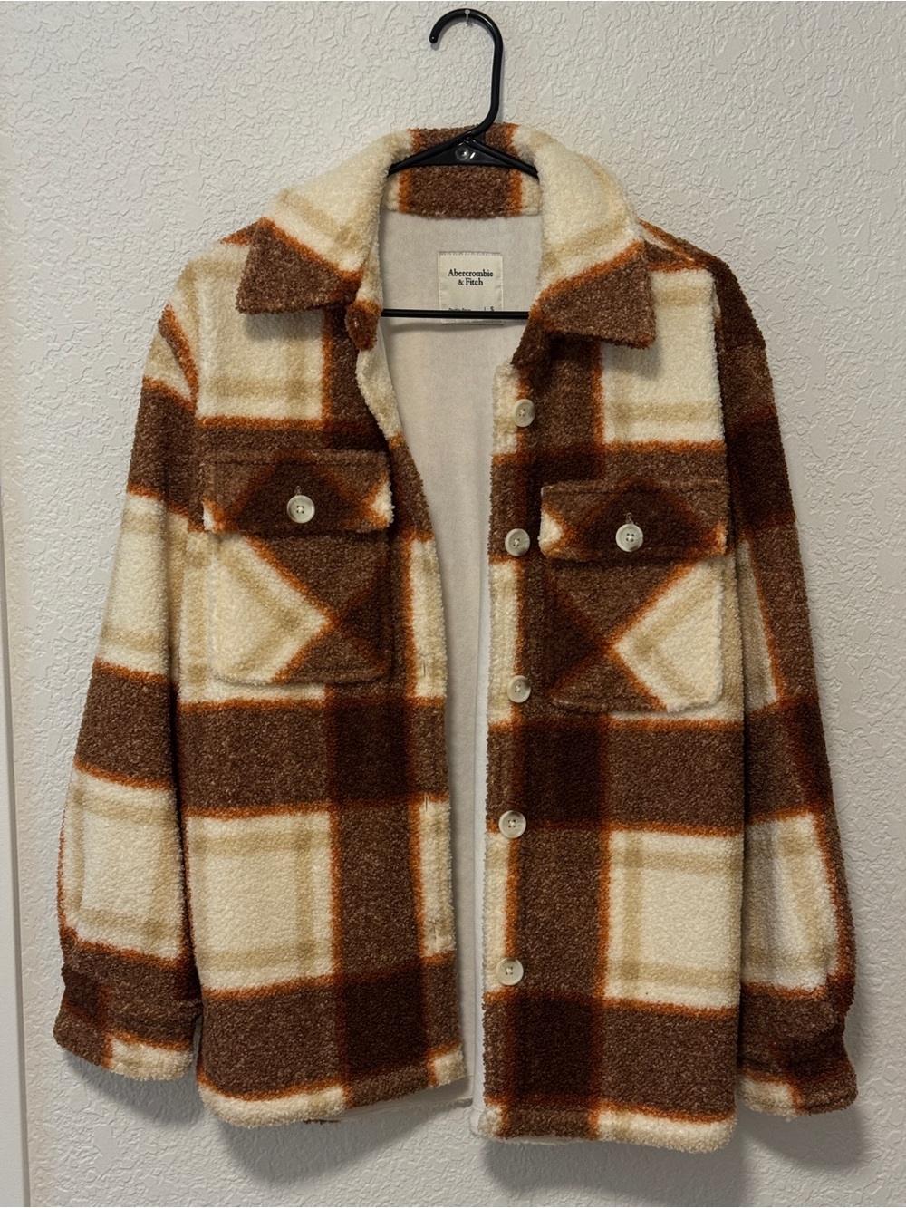 Abercrombie & Fitch Cream and Brown Plaid Teddy Shacket